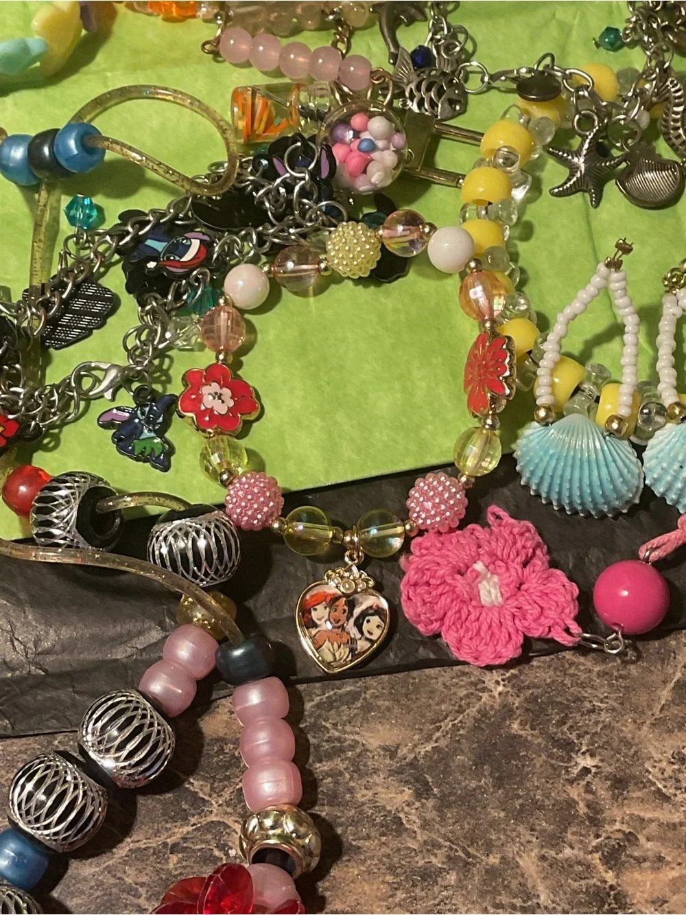 Colorful Mixed Children Bead and Silvertone bracelets, cord Necklaces